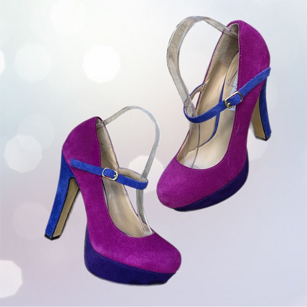 STEVE MADDEN “Toni” Purple + Cobalt Blue Platform Mary Janes Suede Heels Size 8